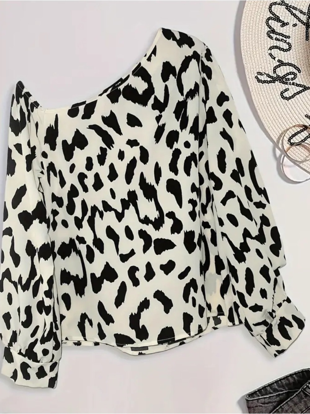 Black & White Leopard Asymmetrical One-Shoulder Blouse NWOT